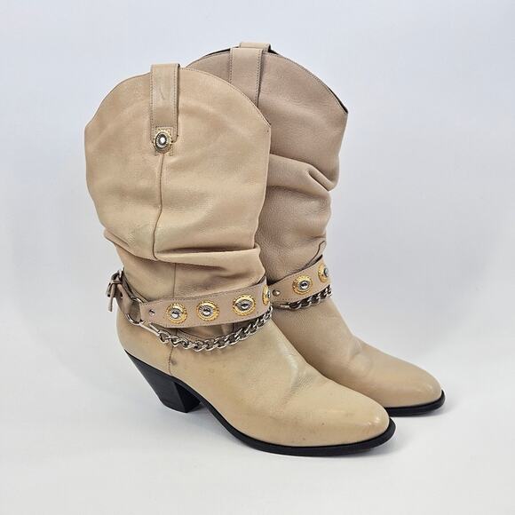 DINGO Leather Slouch Cowboy Western Boots Sz 7-7.5 Taupe Heeled Metallic Detail - Picture 9 of 10